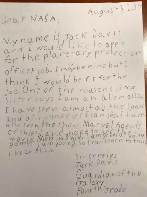 9-yr-old child applies for a Job at NASA; here's how NASA replied