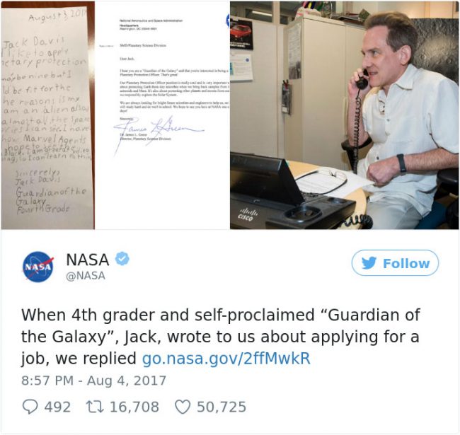 9-yr-old child applies for a Job at NASA; here's how NASA replied