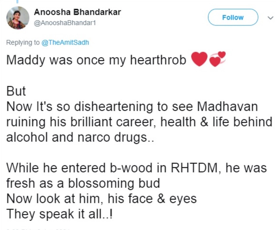 Madhavan Shuts Down Troll Who Calls Him Addicted To Substances