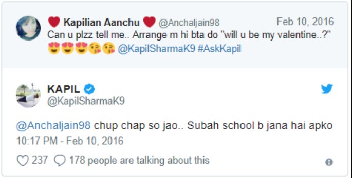 School girl tags Kapil Sharma and asked "will u be my valentine..?" this is how the comedian replied