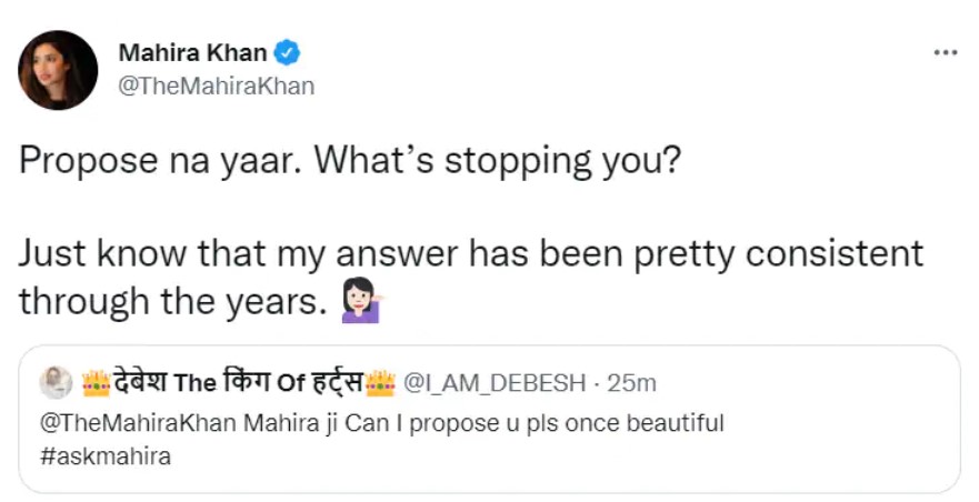 Fan asks "Mahira ji Can I propose you please once", the actress gives a sweet reply!