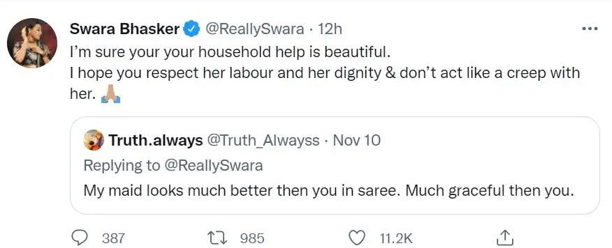 Swara Bhasker gives an epic reply to a troll who compared her to a maid