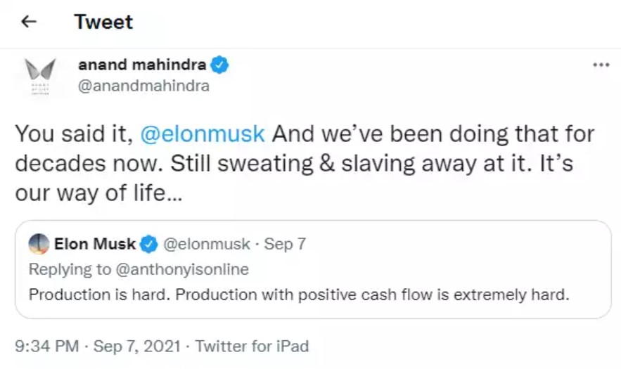 Anand Mahindra gives fitting reply to Elon Musk on making cars, read details