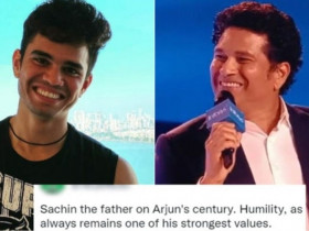 Sachin Tendulkar reacts after his Arjun Tendulkar scores a century Has Fans Drooling Over His Humility