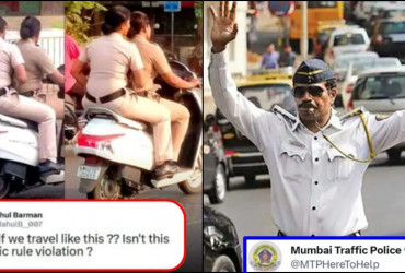 Guy shares pic of helmetless cops riding a scooter, Mumbai police responds!