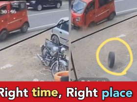 Viral video: Tyre falls off of a moving car, lands at Repair shop