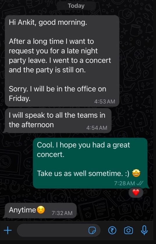 CEO Gives Lit Reply after Guy asks for ‘Late-Night Party Leave’